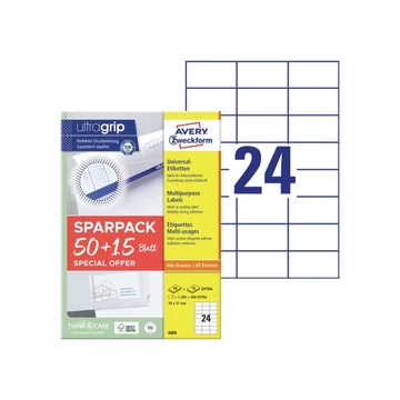 Etikett címke, 70x37mm, univerzális, 65 lap, 24 címke/lap Avery, fehér