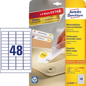 Etikett címke, 45,7 x21,2mm, univerzális visszaszedhető, 48 címke/ív, 25 ív/doboz, Avery fehér