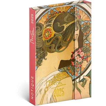 Határidőnapló mágnessel záródó, krémszínű lapokkal Alphonse Mucha 110×160 mm, Presco