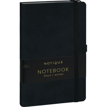 Keménytáblás notesz pontozott vonalozással krémszínű lapokkal leszorító gumiszalaggal Black 130x210mm, Presco