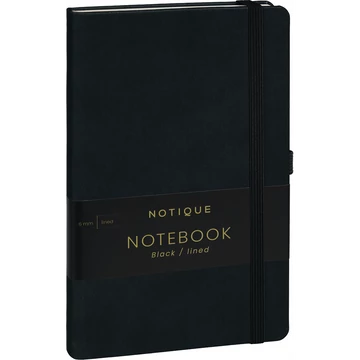 Keménytáblás notesz vonalas krémszínű lapokkal leszorító gumiszalaggal Black 130x210mm, Presco