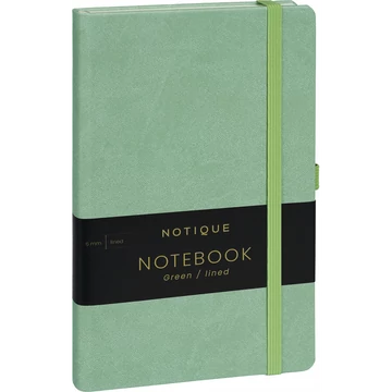 Keménytáblás notesz vonalas krémszínű lapokkal leszorító gumiszalaggal Green 130x210mm, Presco