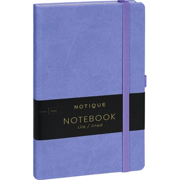 Keménytáblás notesz vonalas krémszínű lapokkal leszorító gumiszalaggal Lila 130x210mm, Presco