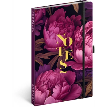 Keménytáblás notesz krémszínű lapokkal leszorító gumiszalaggal Purple Flowers 130x210mm, Presco