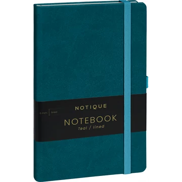 Keménytáblás notesz vonalas krémszínű lapokkal leszorító gumiszalaggal Teal 130x210mm, Presco