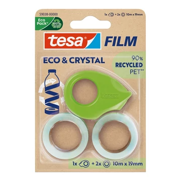 Ragasztószalag 19mmx10m irodai újrahasznosított 2 db víztiszta szalag+adagoló Tesa Eco &amp; Crystal