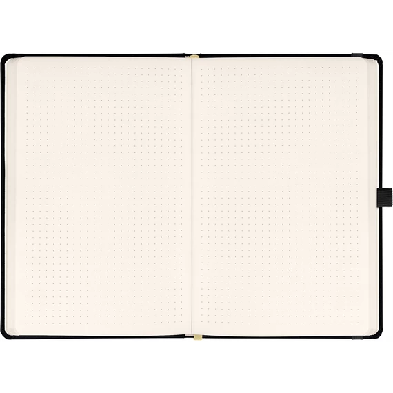Keménytáblás notesz pontozott vonalozással krémszínű lapokkal leszorító gumiszalaggal Black 130x210mm, Presco