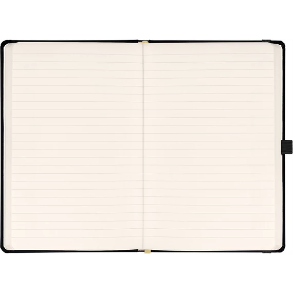 Keménytáblás notesz vonalas krémszínű lapokkal leszorító gumiszalaggal Black 130x210mm, Presco