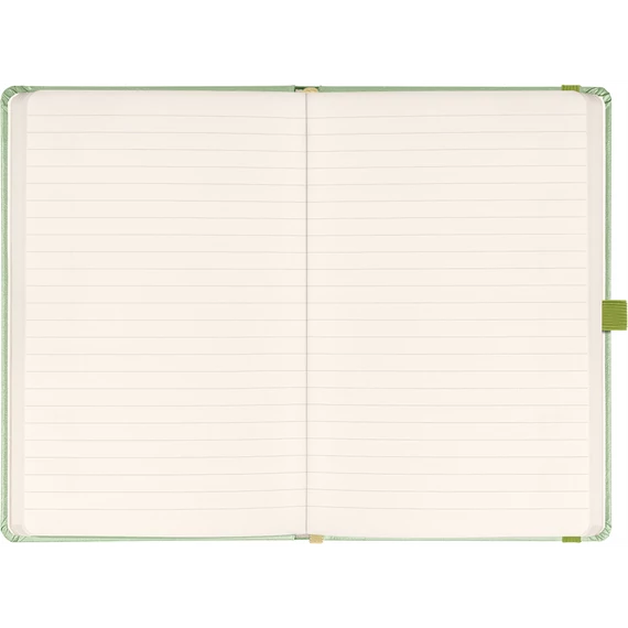 Keménytáblás notesz vonalas krémszínű lapokkal leszorító gumiszalaggal Green 130x210mm, Presco