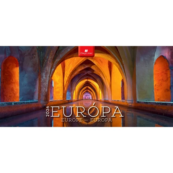 Képes asztali naptár Európa 320 x 150 mm, fehér lapokkal tömb Dayliner 2026.