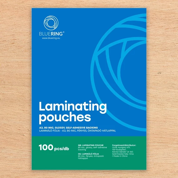 Lamináló fólia A3, 80 micron öntapadó hátlappal 100 db/doboz, Bluering®,